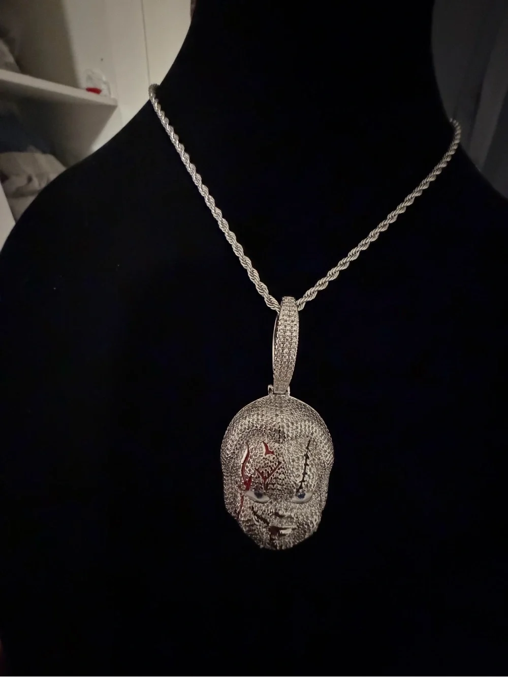 14K White Gold Plated Chucky Pendant with 24” Rope Chain – Iced Out